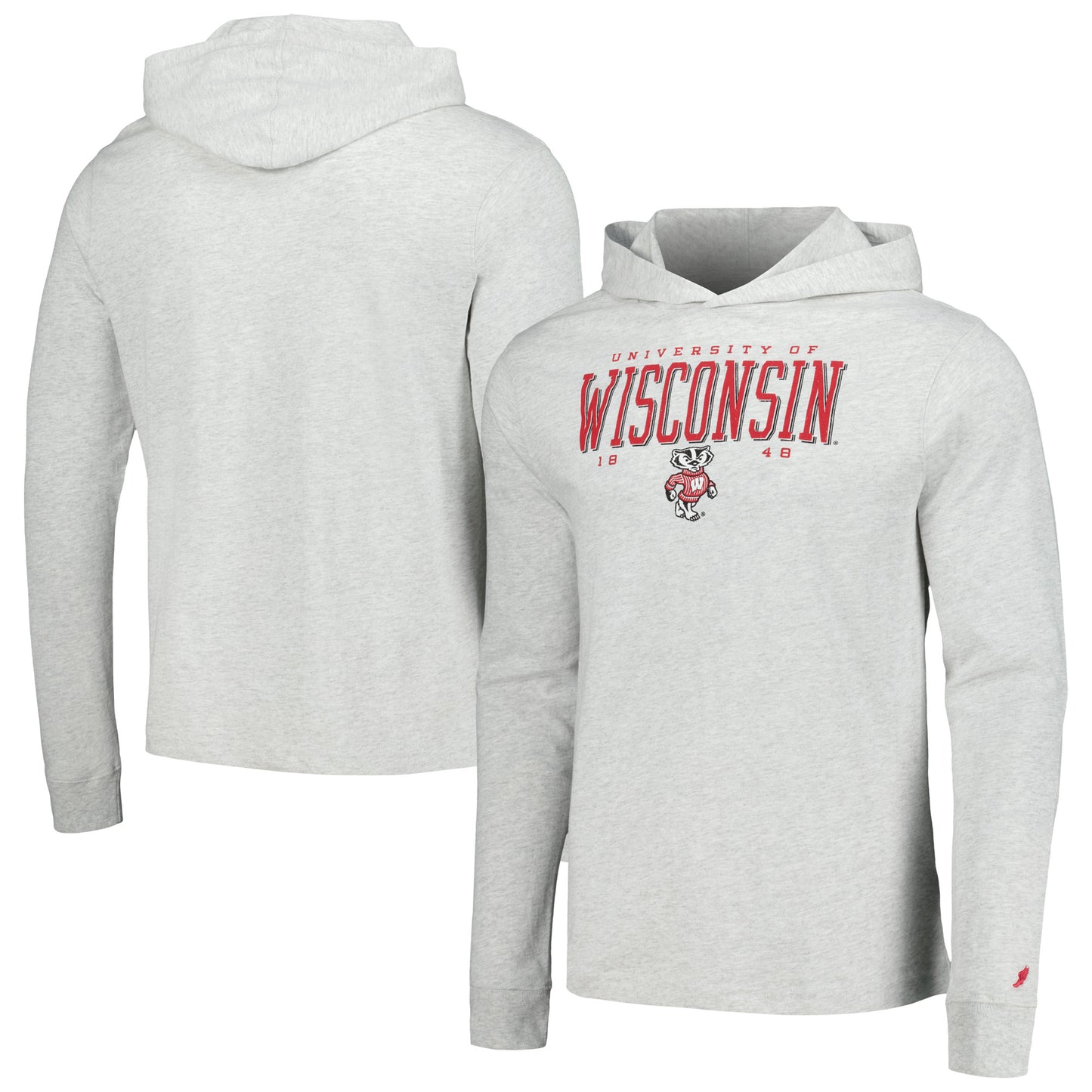 Men's League Collegiate Wear Ash Wisconsin Badgers Team Stack Tumble Long Sleeve Hooded T-Shirt