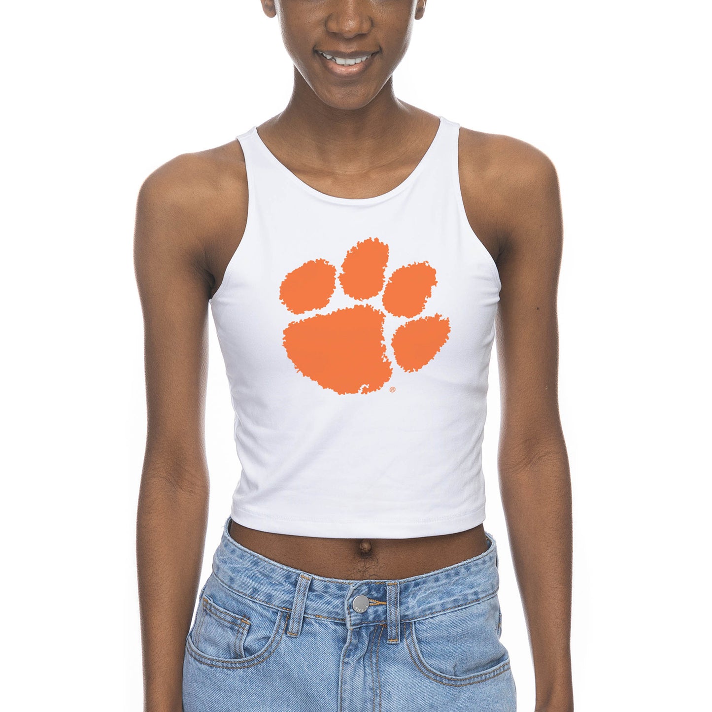 Women's ZooZatz White Clemson Tigers High Neck Cropped Tank Top