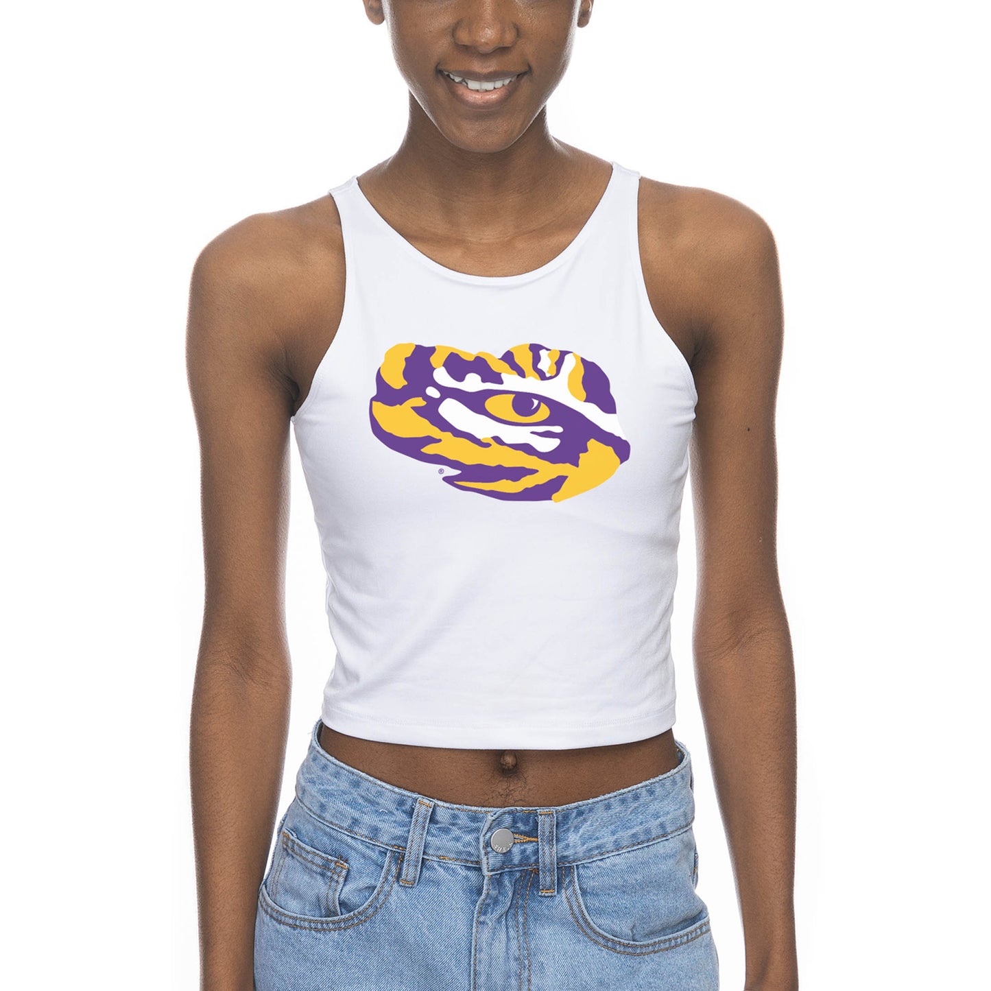 Women's ZooZatz White LSU Tigers High Neck Cropped Tank Top