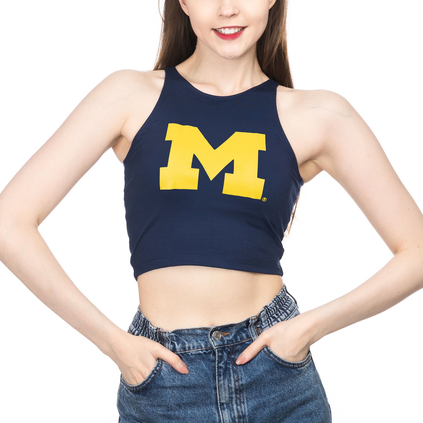 Women's ZooZatz Navy Michigan Wolverines High Neck Cropped Tank Top