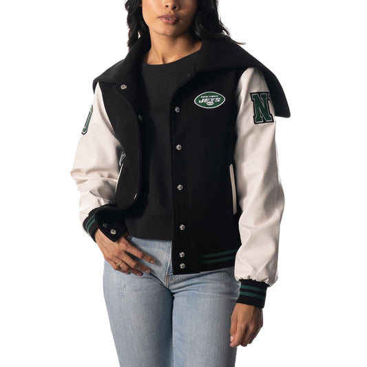 Women's The Wild Collective Black New York Jets Sailor Full-Snap Hooded Varsity Jacket