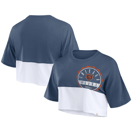 Women's Fanatics Navy/White Chicago Bears Boxy Color Split Cropped T-Shirt