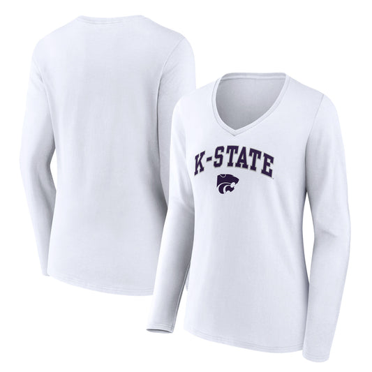 Women's White Kansas State Wildcats Campus Long Sleeve V-Neck T-Shirt