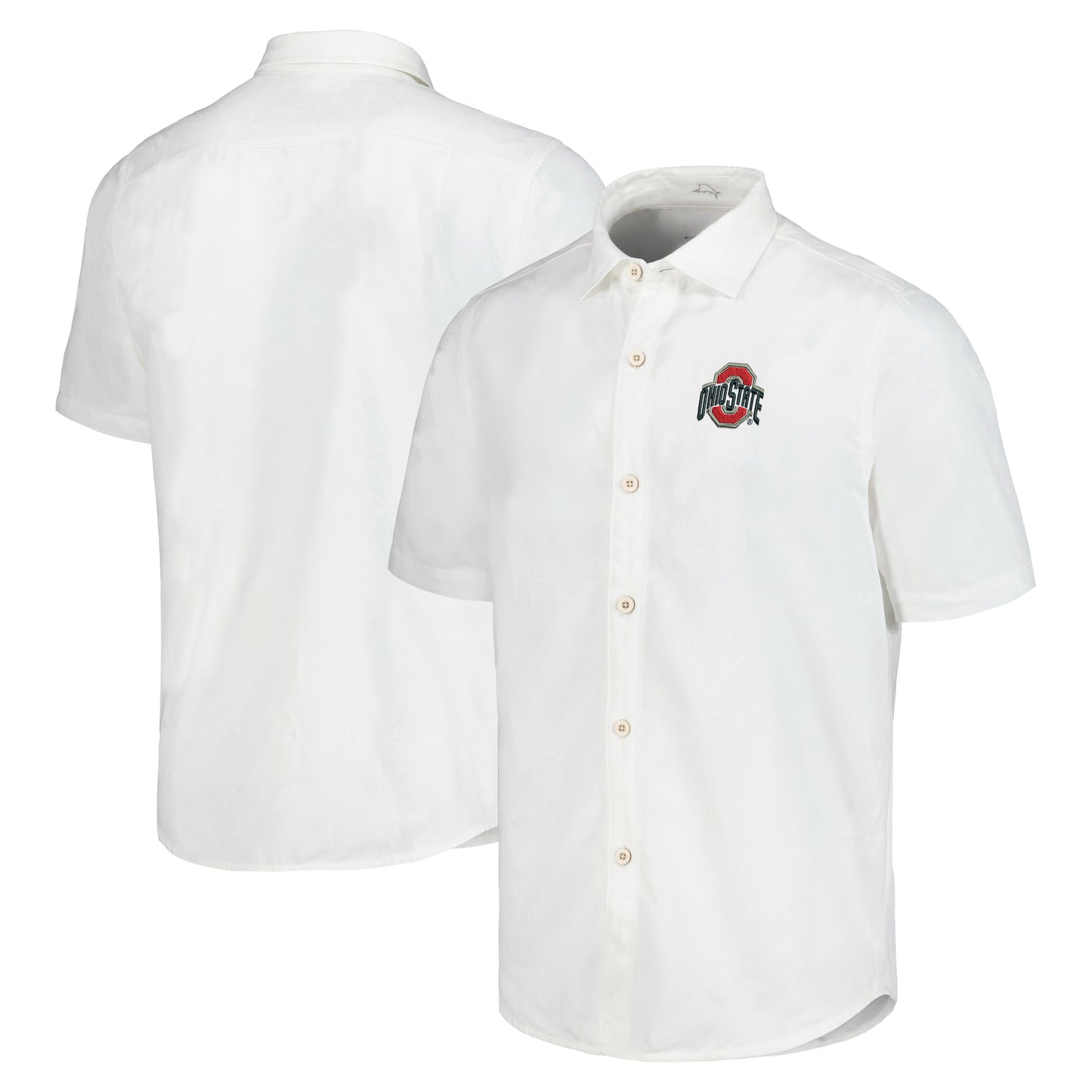 Men's Tommy Bahama White Ohio State Buckeyes Coconut Point Palm Vista IslandZone Camp Button-Up Shirt