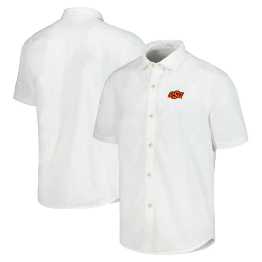 Men's Tommy Bahama White Oklahoma State Cowboys Coconut Point Palm Vista IslandZone Camp Button-Up Shirt