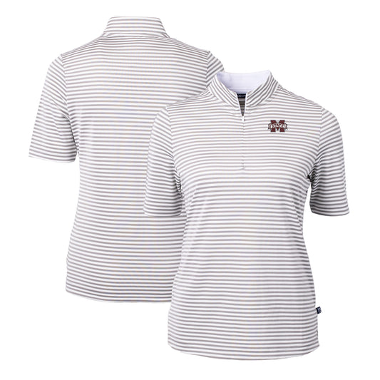 Women's Cutter & Buck  Gray Mississippi State Bulldogs DryTec Virtue Eco Pique Stripe Recycled Polo