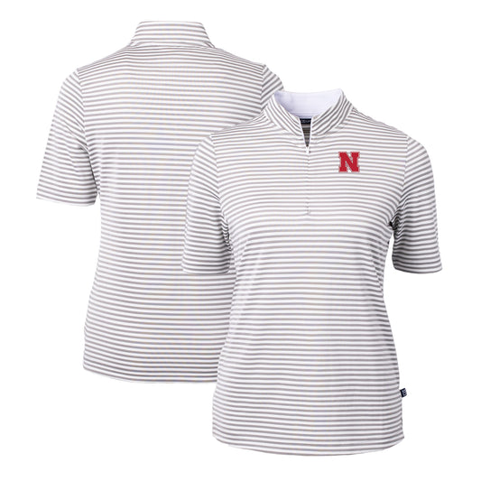 Women's Cutter & Buck  Gray Nebraska Huskers DryTec Virtue Eco Pique Stripe Recycled Polo