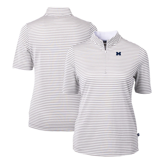 Women's Cutter & Buck  Gray Michigan Wolverines DryTec Virtue Eco Pique Stripe Recycled Polo