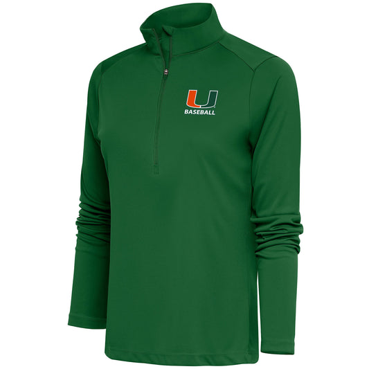 Women's Antigua  Green Miami Hurricanes Baseball Tribute Half-Zip Pullover Top