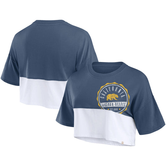 Women's Fanatics Navy/White Cal Bears Oversized Badge Colorblock Cropped T-Shirt