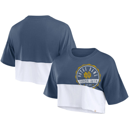 Women's Fanatics Navy/White Notre Dame Fighting Irish Oversized Badge Colorblock Cropped T-Shirt