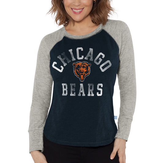 Women's G-III 4Her by Carl Banks Navy/Heather Gray Chicago Bears Waffle Knit Raglan Long Sleeve T-Shirt