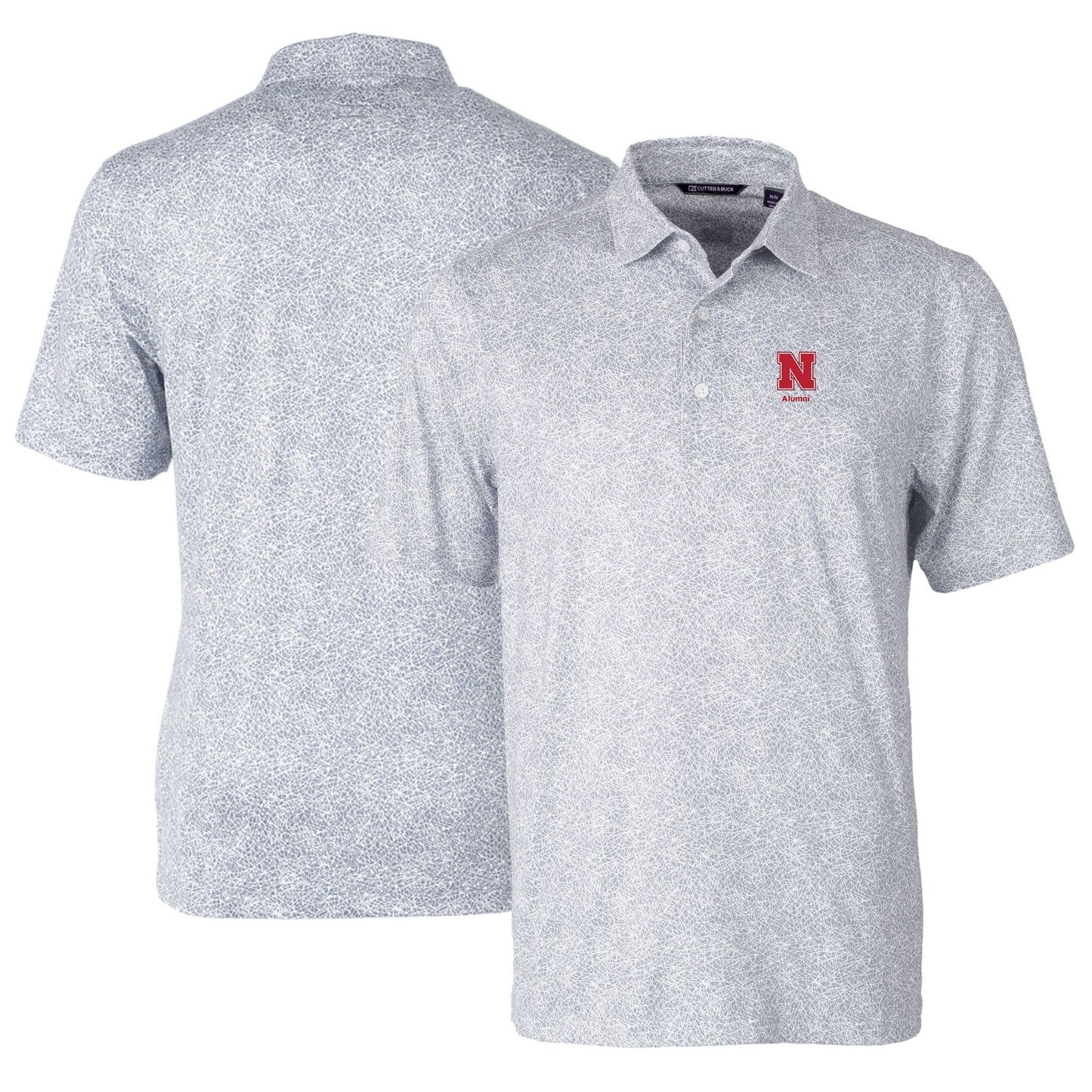 Men's Cutter & Buck Gray Nebraska Huskers Alumni Logo Pike Constellation Print Stretch Polo