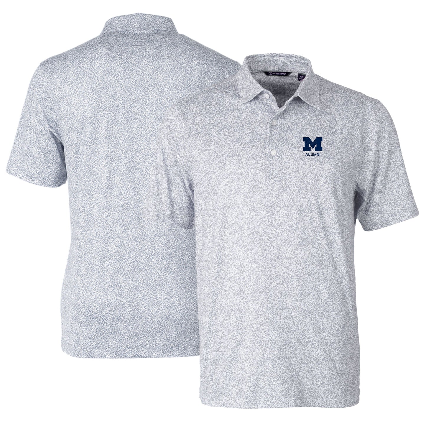 Men's Cutter & Buck Gray Michigan Wolverines Alumni Logo Pike Constellation Print Stretch Polo