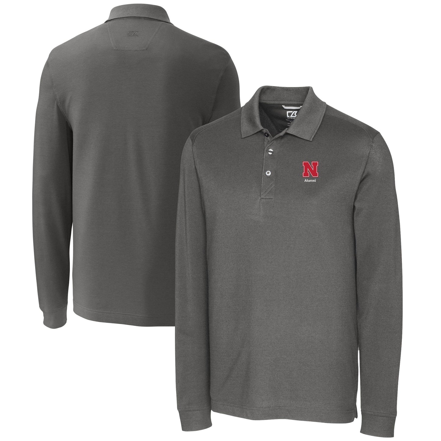 Men's Cutter & Buck  Gray Nebraska Huskers Alumni Logo Advantage Tri-Blend Pique Long Sleeve DryTec Polo