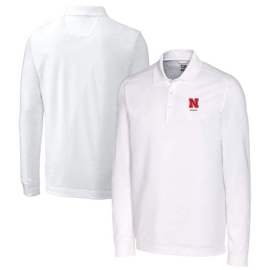 Men's Cutter & Buck  White Nebraska Huskers Alumni Logo Advantage Tri-Blend Pique Long Sleeve DryTec Polo