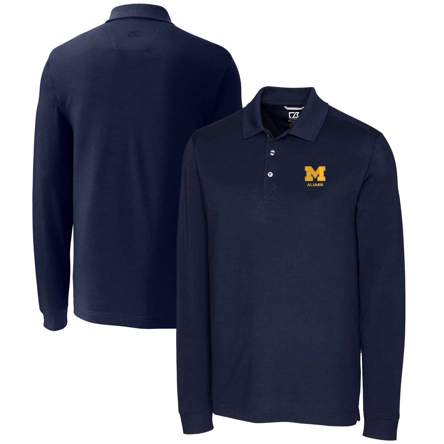 Men's Cutter & Buck  Navy Michigan Wolverines Alumni Logo Advantage Tri-Blend Pique Long Sleeve DryTec Polo