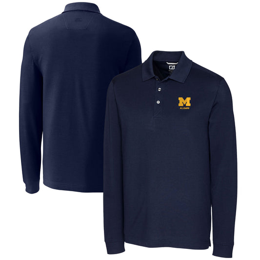 Men's Cutter & Buck  Navy Michigan Wolverines Alumni Logo Advantage Tri-Blend Pique Long Sleeve DryTec Polo