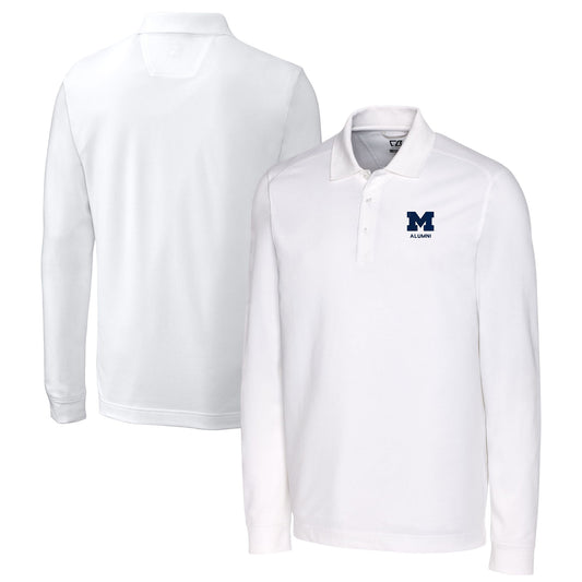 Men's Cutter & Buck  White Michigan Wolverines Alumni Logo Advantage Tri-Blend Pique Long Sleeve DryTec Polo