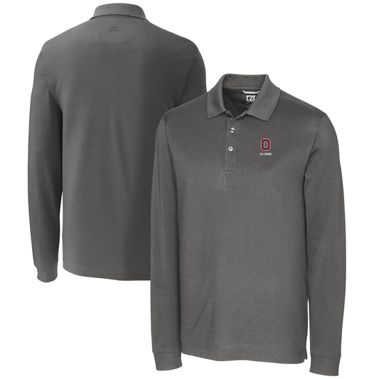 Men's Cutter & Buck  Gray Ohio State Buckeyes Alumni Logo Advantage Tri-Blend Pique Long Sleeve DryTec Polo