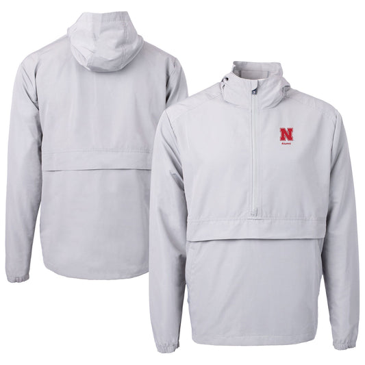 Men's Cutter & Buck  Gray Nebraska Huskers Alumni Logo Charter Eco Knit Recycled Anorak Half-Zip Jacket