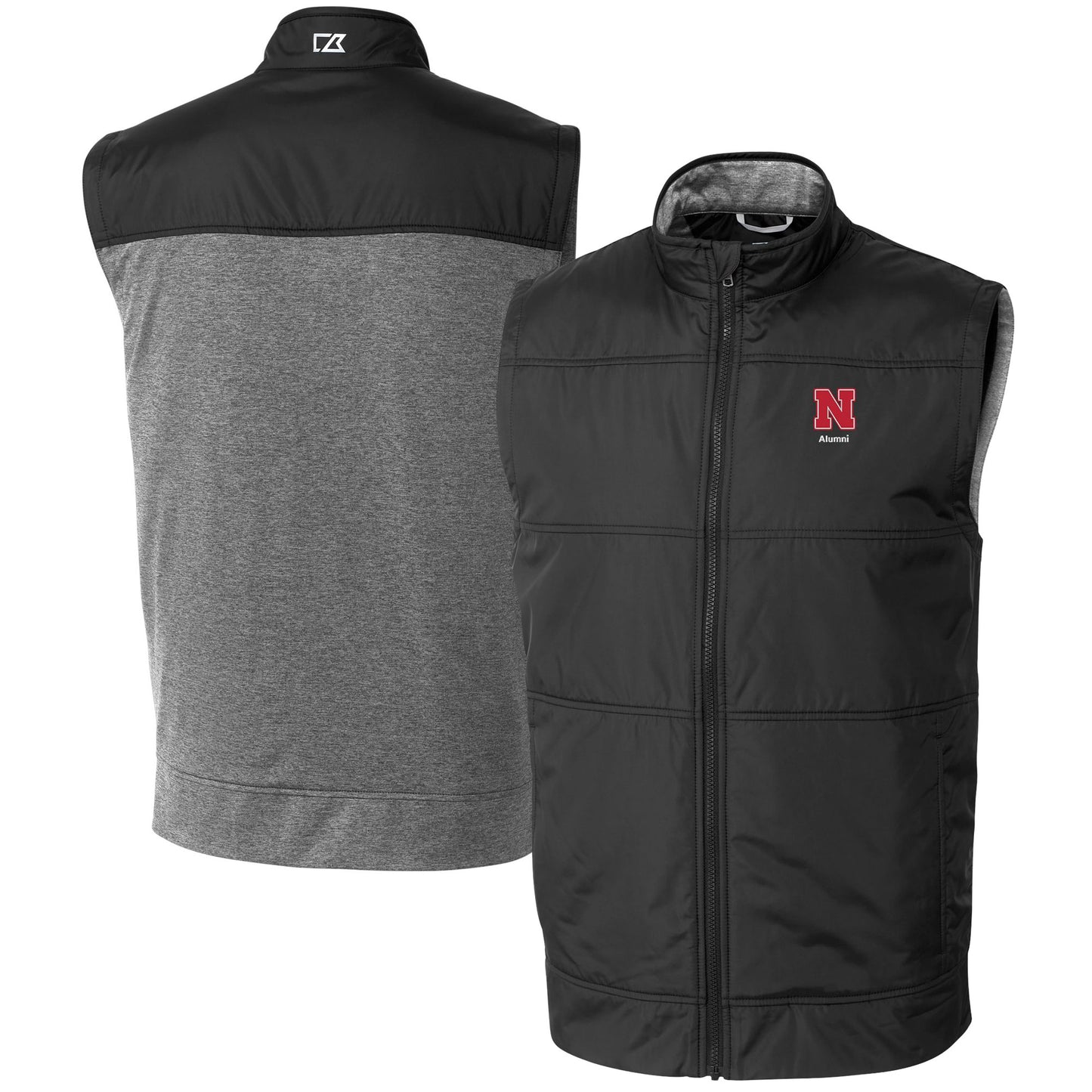 Men's Cutter & Buck  Black Nebraska Huskers Alumni Logo Stealth Hybrid Quilted Windbreaker Full-Zip Vest