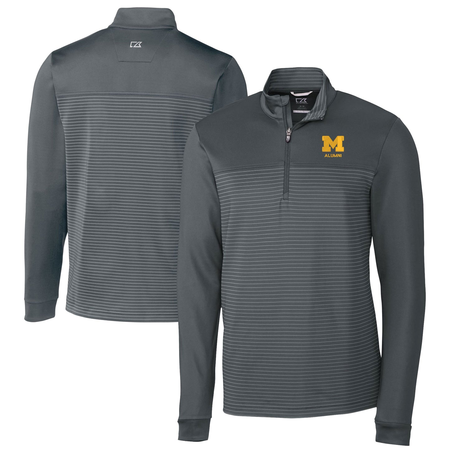 Men's Cutter & Buck  Gray Michigan Wolverines Alumni Logo Traverse Stripe Stretch Quarter-Zip Pullover Top