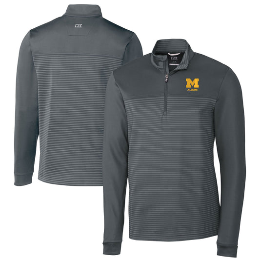 Men's Cutter & Buck  Gray Michigan Wolverines Alumni Logo Traverse Stripe Stretch Quarter-Zip Pullover Top