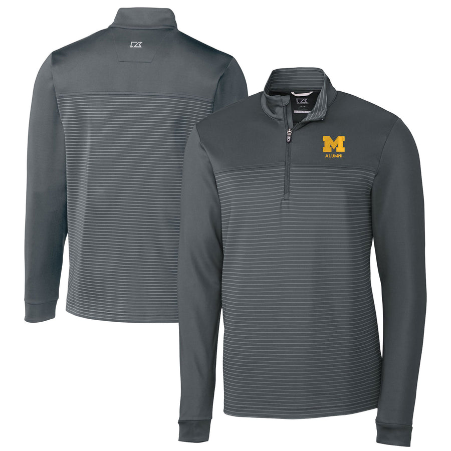 Men's Cutter & Buck  Gray Michigan Wolverines Alumni Logo Traverse Stripe Stretch Quarter-Zip Pullover Top