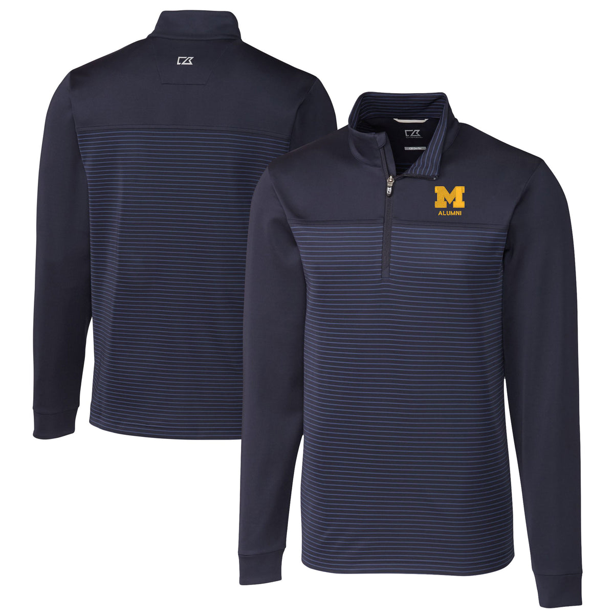Men's Cutter & Buck  Navy Michigan Wolverines Alumni Logo Traverse Stripe Stretch Quarter-Zip Pullover Top