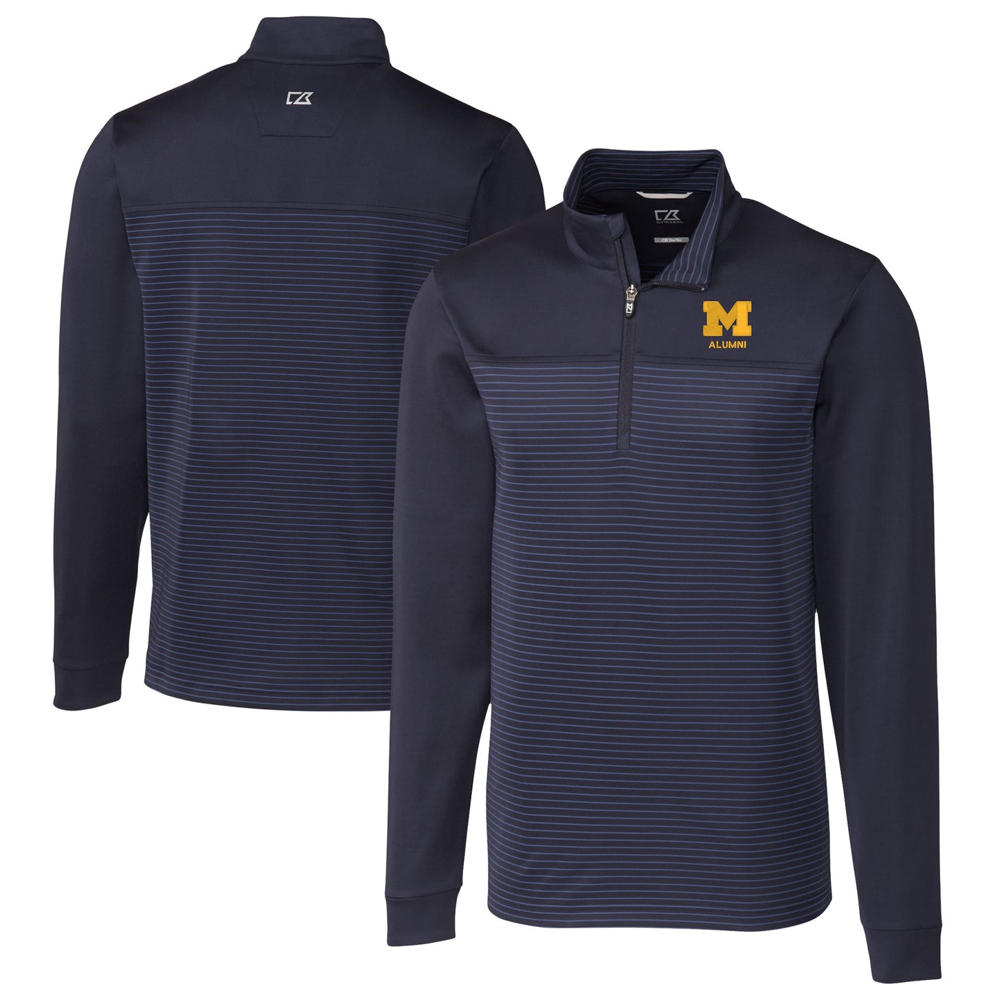 Men's Cutter & Buck  Navy Michigan Wolverines Alumni Logo Traverse Stripe Stretch Quarter-Zip Pullover Top