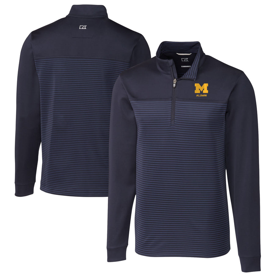 Men's Cutter & Buck  Navy Michigan Wolverines Alumni Logo Traverse Stripe Stretch Quarter-Zip Pullover Top