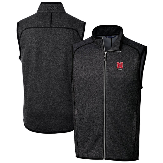 Men's Cutter & Buck  Heather Charcoal Nebraska Huskers Alumni Logo Mainsail Sweater Knit Fleece Full-Zip Vest