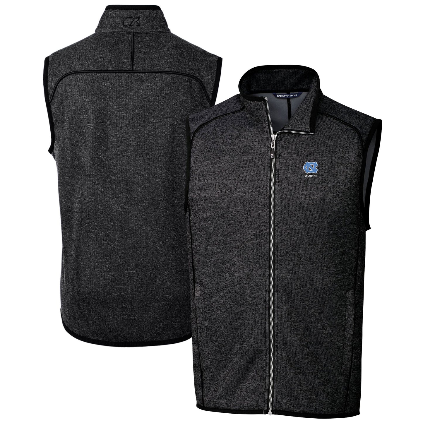Men's Cutter & Buck  Heather Charcoal North Carolina Tar Heels Alumni Logo Mainsail Sweater Knit Fleece Full-Zip Vest