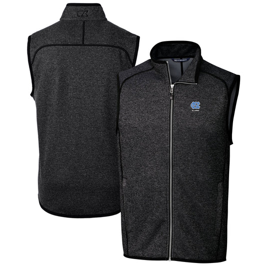 Men's Cutter & Buck  Heather Charcoal North Carolina Tar Heels Alumni Logo Mainsail Sweater Knit Fleece Full-Zip Vest