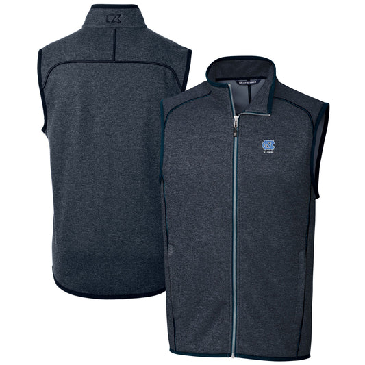 Men's Cutter & Buck  Heather Navy North Carolina Tar Heels Alumni Logo Mainsail Sweater Knit Fleece Full-Zip Vest