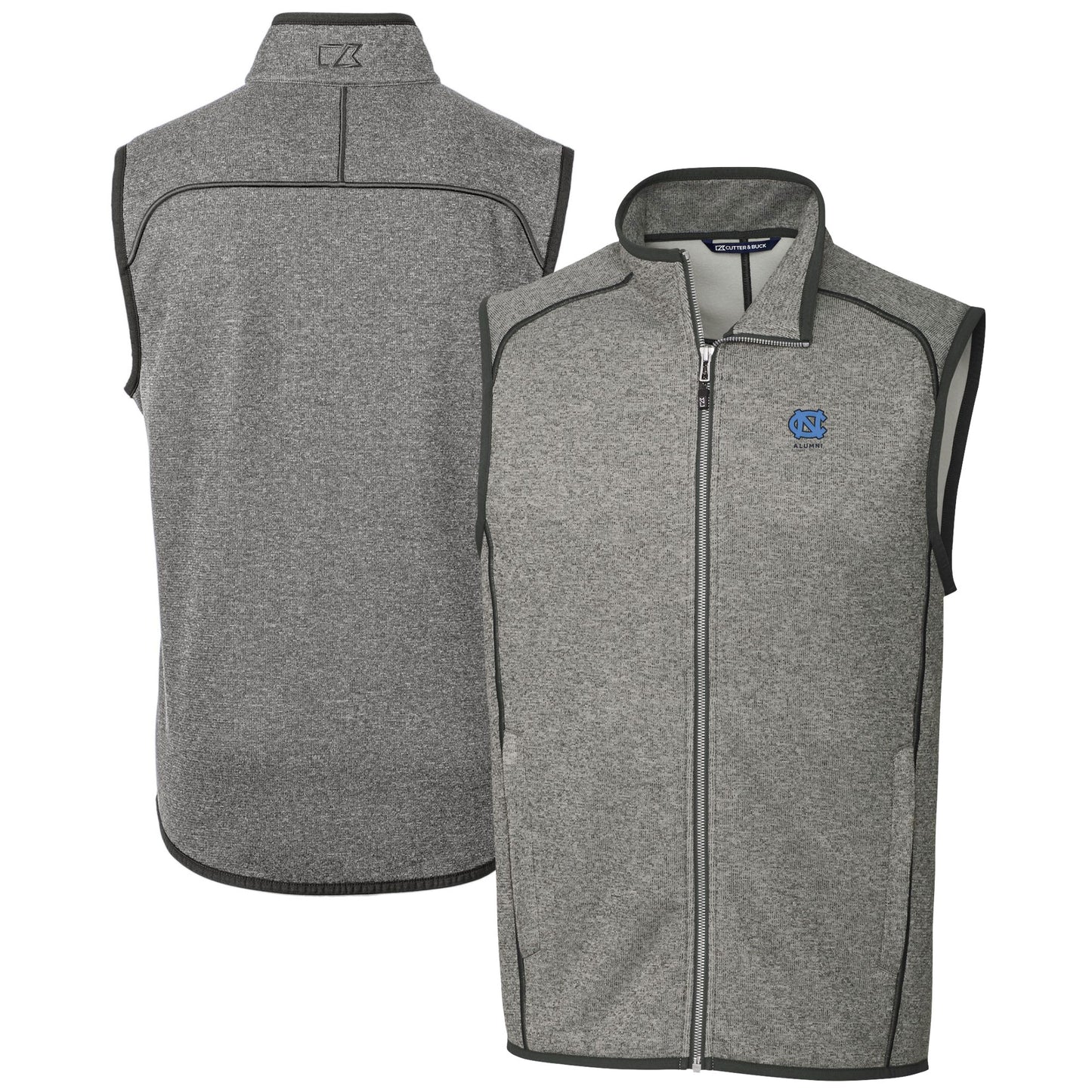 Men's Cutter & Buck  Heather Gray North Carolina Tar Heels Alumni Logo Mainsail Sweater Knit Fleece Full-Zip Vest