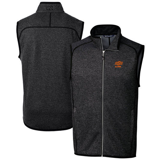 Men's Cutter & Buck  Heather Charcoal Oklahoma State Cowboys Alumni Logo Mainsail Sweater Knit Fleece Full-Zip Vest