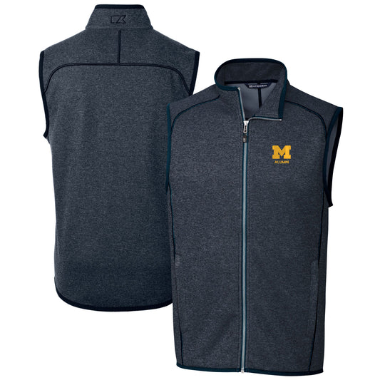 Men's Cutter & Buck  Heather Navy Michigan Wolverines Alumni Logo Mainsail Sweater Knit Fleece Full-Zip Vest