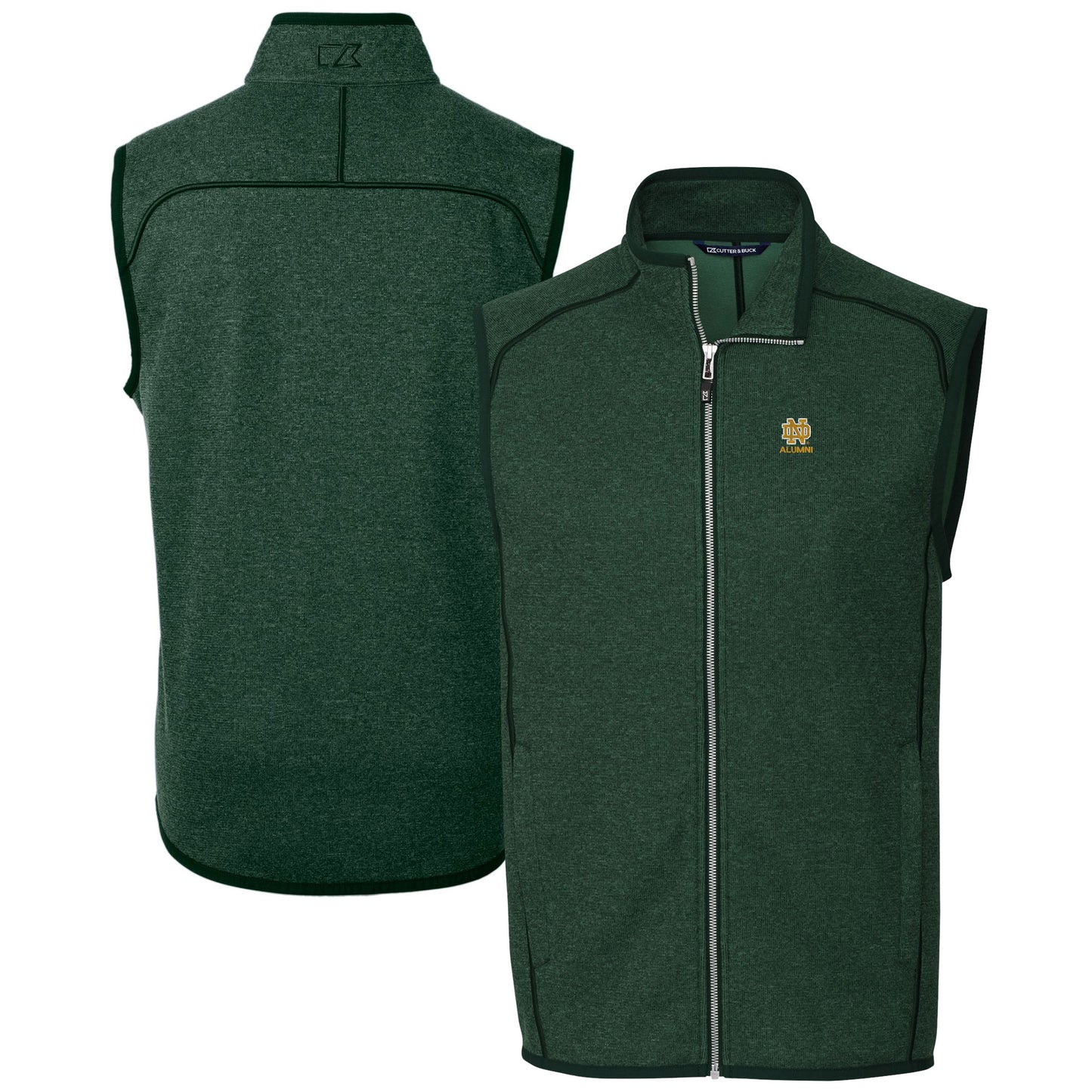 Men's Cutter & Buck  Heather Green Notre Dame Fighting Irish Alumni Logo Mainsail Sweater Knit Fleece Full-Zip Vest