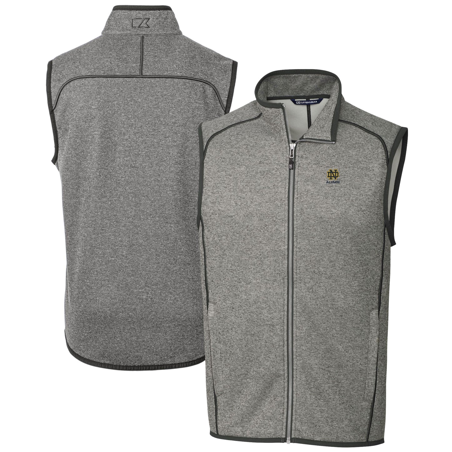 Men's Cutter & Buck  Heather Gray Notre Dame Fighting Irish Alumni Logo Mainsail Sweater Knit Fleece Full-Zip Vest