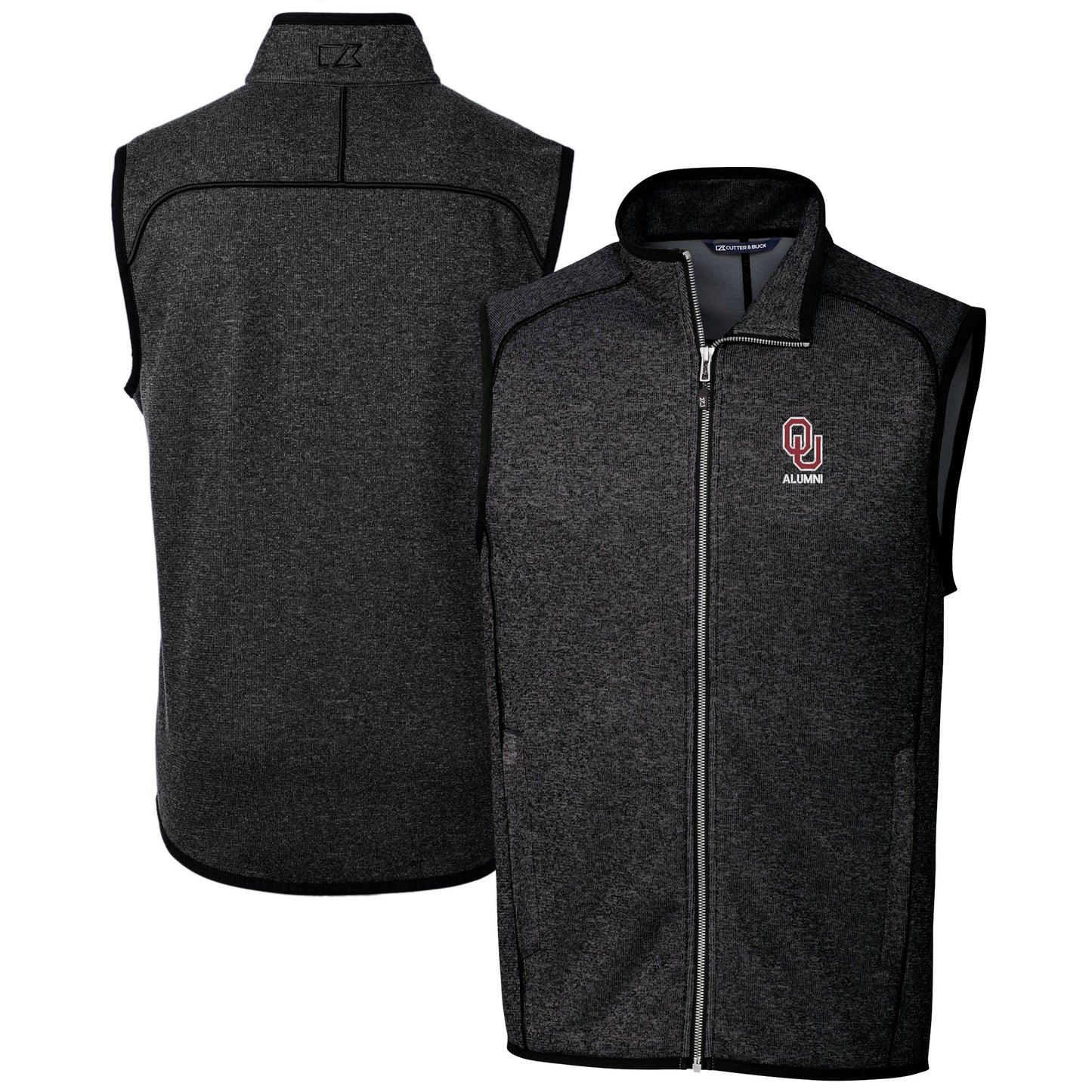 Men's Cutter & Buck  Heather Charcoal Oklahoma Sooners Alumni Logo Mainsail Sweater Knit Fleece Full-Zip Vest