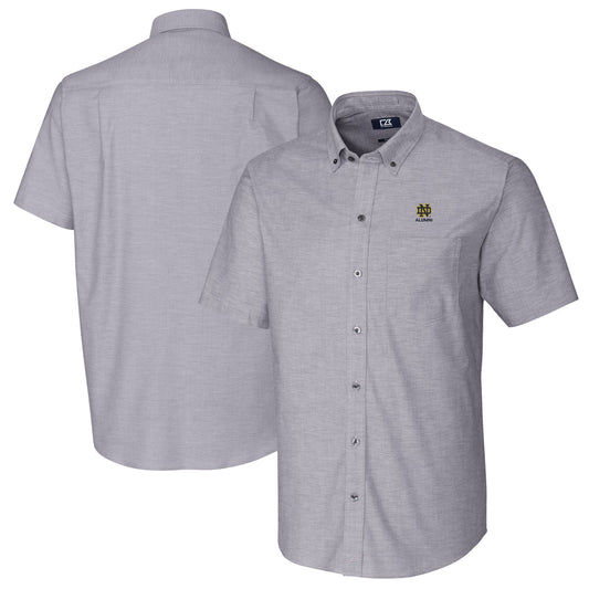 Men's Cutter & Buck  Charcoal Notre Dame Fighting Irish Alumni Logo Stretch Oxford Short Sleeve Button-Down Shirt