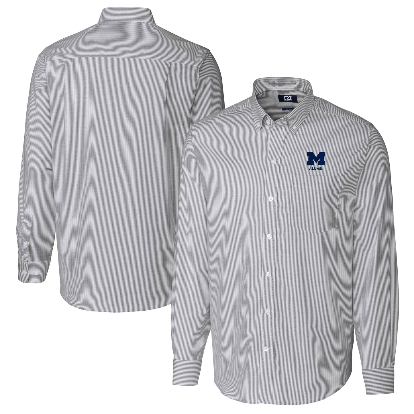 Men's Cutter & Buck  Charcoal Michigan Wolverines Alumni Logo Stretch Oxford Stripe Long Sleeve Button-Down Shirt