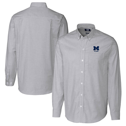 Men's Cutter & Buck  Charcoal Michigan Wolverines Alumni Logo Stretch Oxford Stripe Long Sleeve Button-Down Shirt