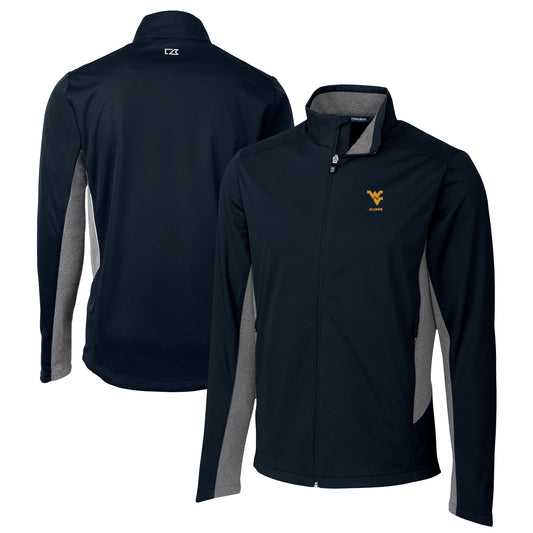 Men's Cutter & Buck  Navy West Virginia Mountaineers Alumni Logo Navigate Softshell Full-Zip Jacket