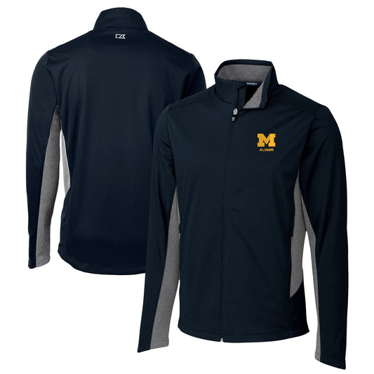 Men's Cutter & Buck  Navy Michigan Wolverines Alumni Logo Navigate Softshell Full-Zip Jacket