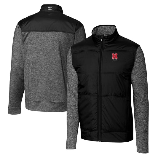 Men's Cutter & Buck Black Nebraska Huskers Alumni Logo Stealth Hybrid Quilted Full-Zip Windbreaker Jacket