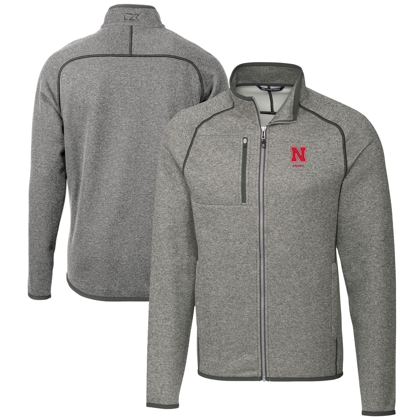 Men's Cutter & Buck  Heather Gray Nebraska Huskers Alumni Logo Mainsail Sweater-Knit Full-Zip Jacket