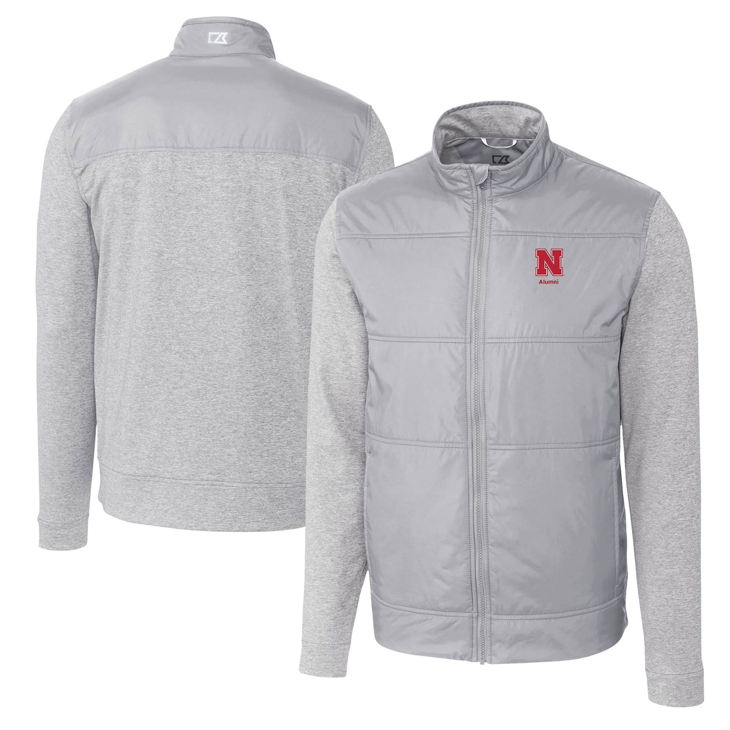 Men's Cutter & Buck Gray Nebraska Huskers Alumni Logo Stealth Hybrid Quilted Full-Zip Windbreaker Jacket